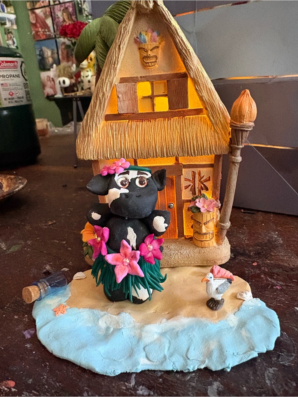Handmade Clay Tropical Cow hula girl with Beach Hut- Lights up